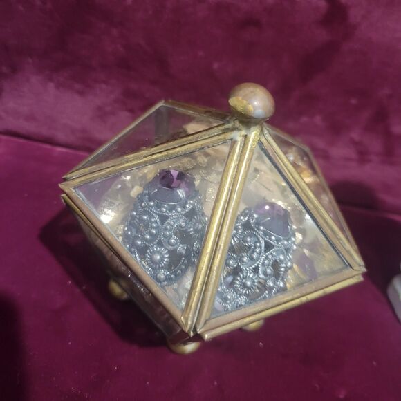 Vintage Glass & Brass Pentagon Trinket Box With Lid Jewelry Display Case 5 Side - Picture 12 of 12